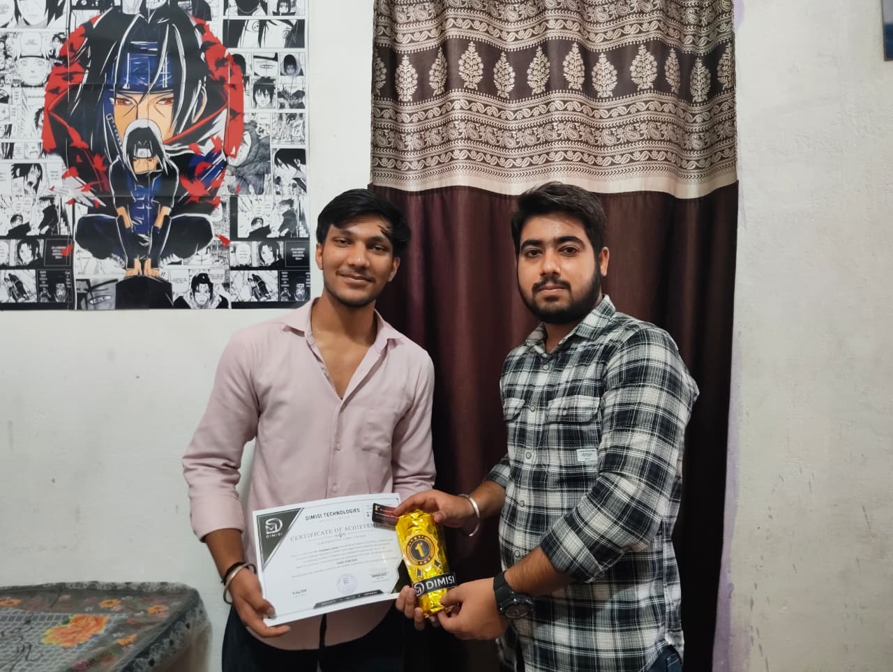 Prashant Umrao receiving the official DIMISI Technologies Certificate of Achievement and trophy as first prize winner